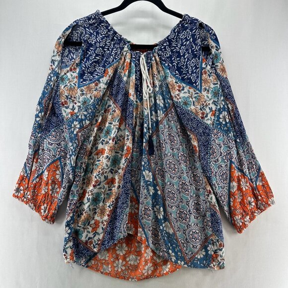 Lola P. Top Size L Peasant Boho Floral Blouse Shirred Tasseled Slit Sleeve Blue - Picture 1 of 10